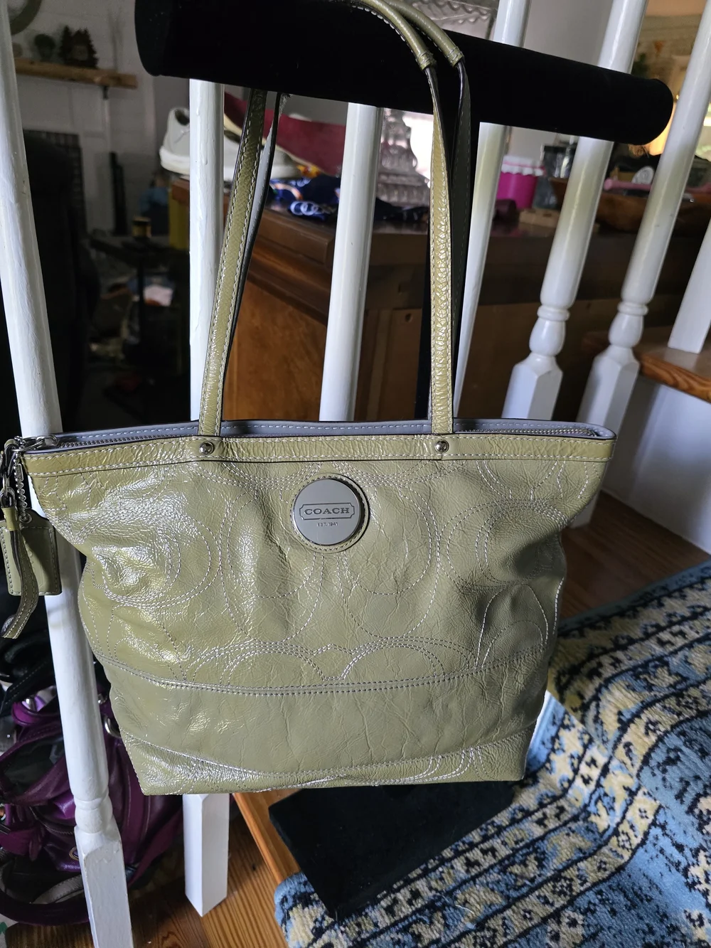 COACH Patent Leather Tote in Olive Green